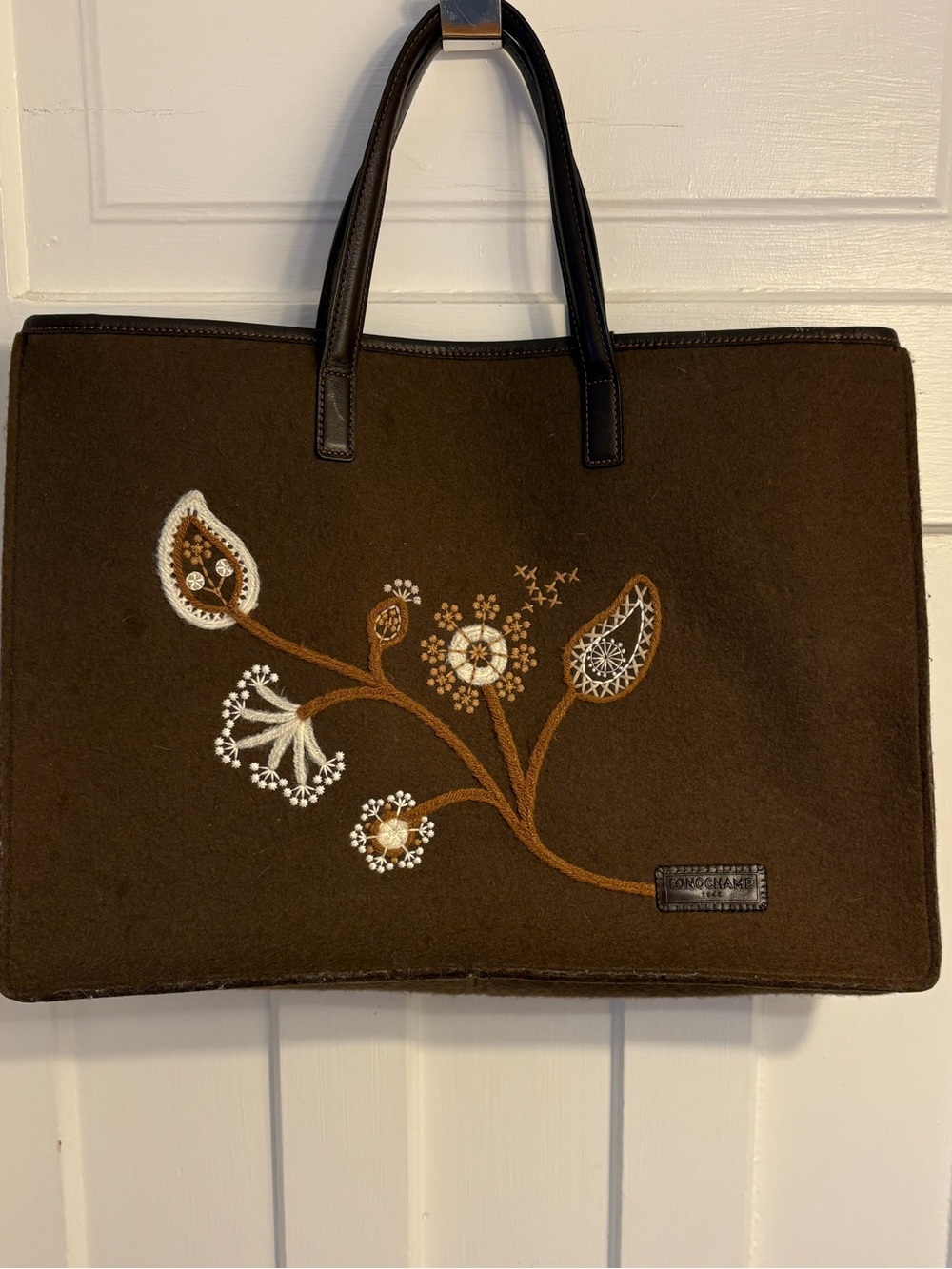 VINTAGE Longchamp Brown Wool Felt Embroidered Floral Tote Bag